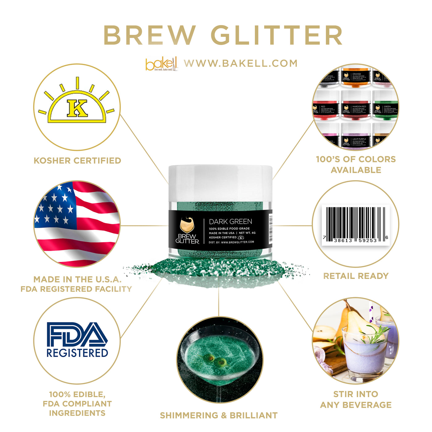 Brew Glitter® Paillettes comestibles vertes pour boissons, cocktails,  bières, garnitures de boissons, 4 g, Ingrédients approuvés par la FDA, 100 % comestibles et de qualité alimentaire
