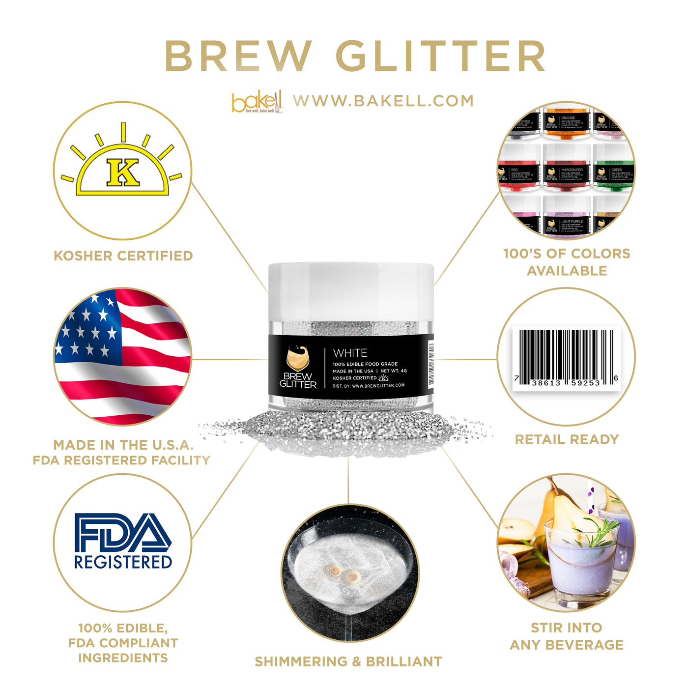 White BREW GLITTER Edible Glitter For Drinks, Cocktails, Beer, Garnish  Glitter & Beverages | KOSHER & HALAL Certified | 100% Edible & Food Grade 